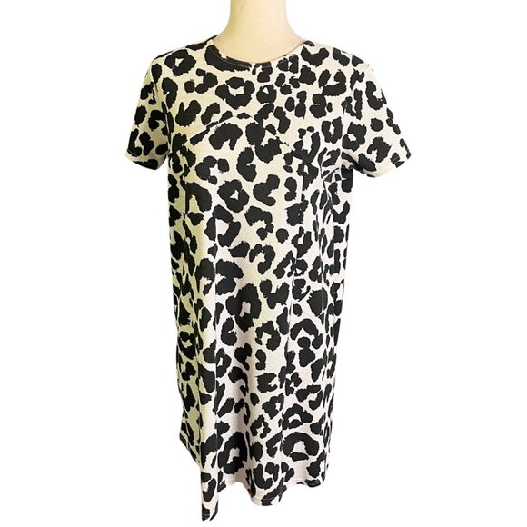 ASOS Sz 8 Black White Animal Print Short Sleeve Shift Swing Dress Crewneck - Picture 3 of 9